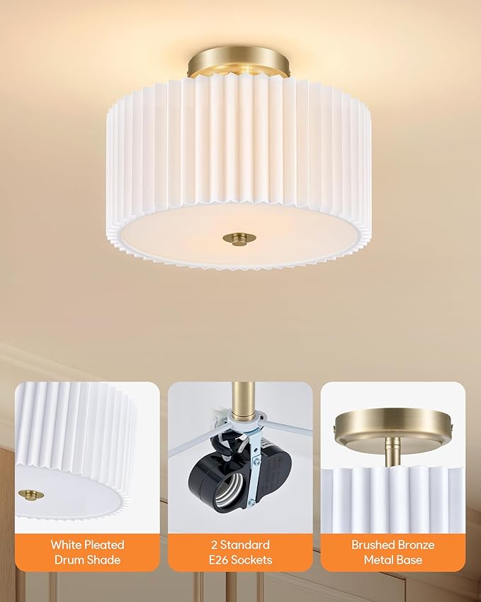 VONLUCE Semi Flush Mount Ceiling Light, 12.2" Ceiling Light Fixture with Pleated Shade, 2-Light Modern Drum Light Fixture for Bedroom Living Room Entryway Hallway, White Shade & Bronze Finish