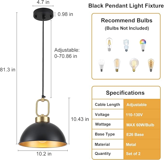 Black Pendant Lights Kitchen Island, 10.2 Inch Dome Black and Gold Pendant Lights, Vintage Metal Industrial modern Farmhouse Pendant Light Fixture Hanging Lights for Dining Room, Cafe, Bar, 2 Pack