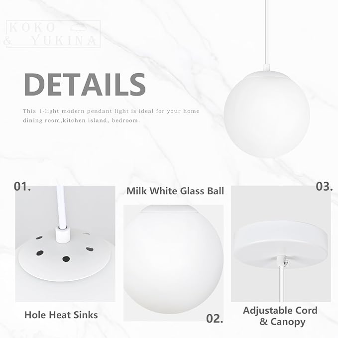 KoKo&Yukina 6 Inch Globe Pendant Light White Globe Pendant Lights Kitchen Island Mid Century Light Fixture with Milky White Glass Shade for Dining Room Living Room