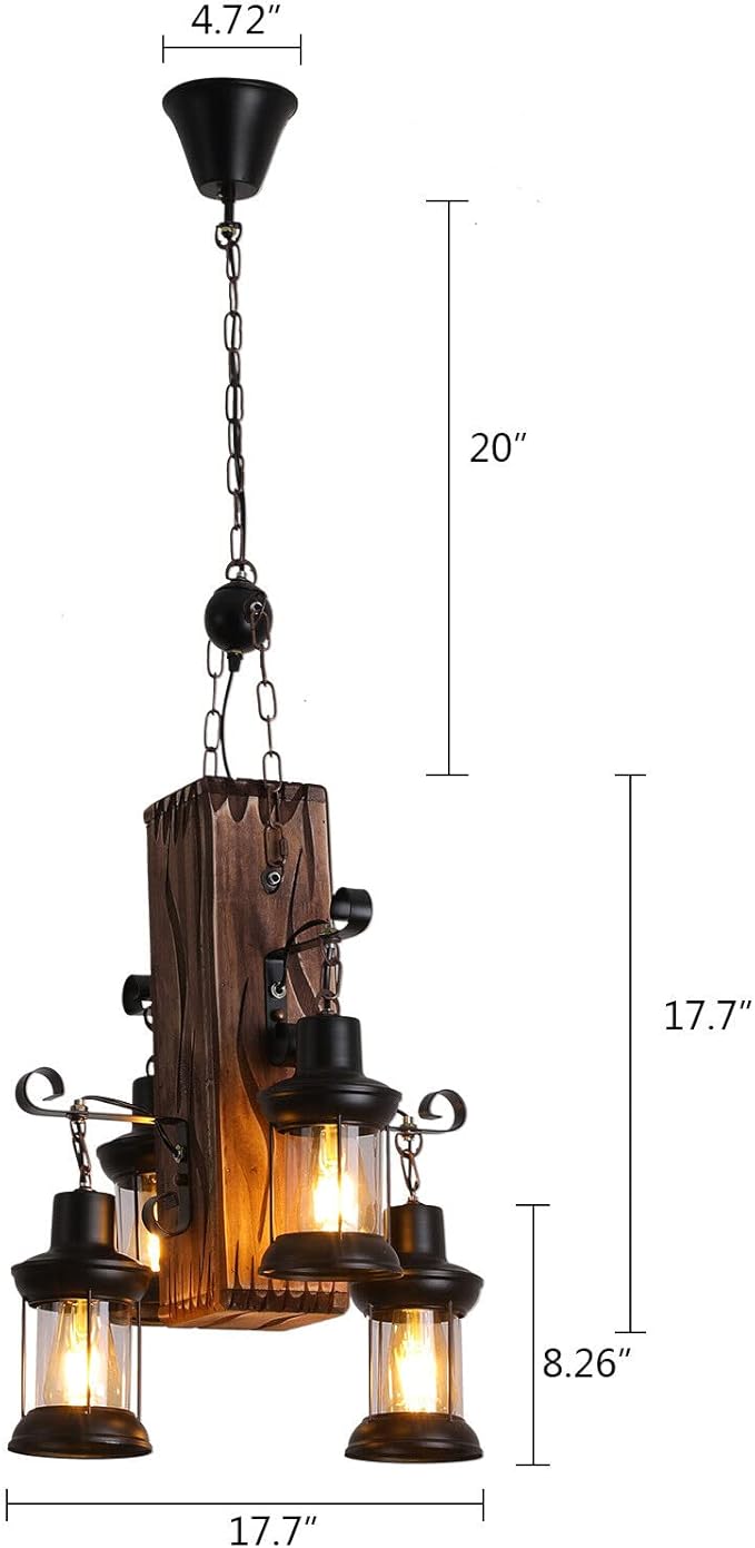 4 Lights Wooden Hanging Pendant Light, Industrial Vintage Wood Ceiling Light Hanging, Retro Rustic Country Chandelier Dinning Table Lamp Suspension Lighting Fixture for Coffee Shop Restaurant