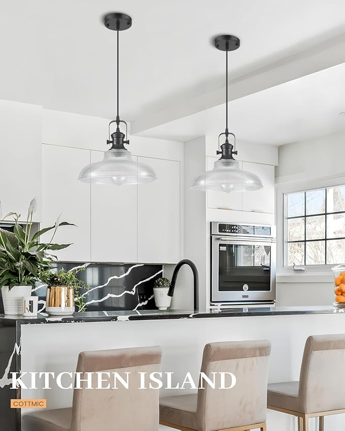 Black Glass Pendant Lights Kitchen Island, 12in, Ribbed Glass Kitchen Pendant Lights Fixture, Farmhouse Pendant Lighting for Dining Room Bedroom Bar Sink, 3 Pack