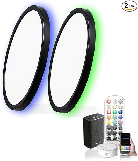 Smart Ceiling Light 12 Inch - RGB Rear Color, Living Room Lighting fixtures Ceiling, Black, 2-Pack