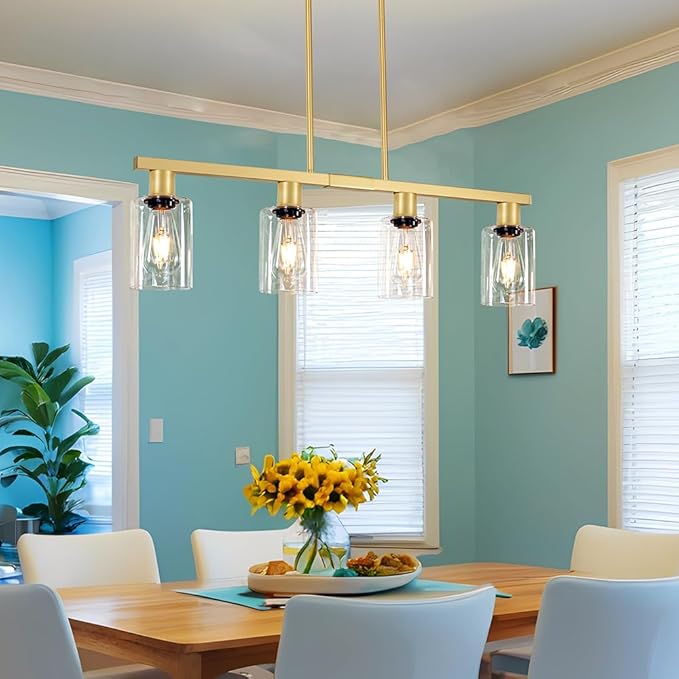 4-Light Kitchen Island Lighting, Gold Dining Room Light Fixtures over Table, Island Lights with Glass Shade, Farmhouse Pendant Lights Kitchen Chandelier for Restaurant Bar, Height Adjustable