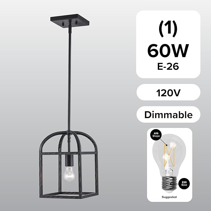 Asher Hamilton AHP-208BK Montclair 7.87 Inch Pendant Light | Adjustable 11.81 to 50.51 Inch Height | E26 Medium Base | Dry Rated for Indoor Use Only | Black Finish