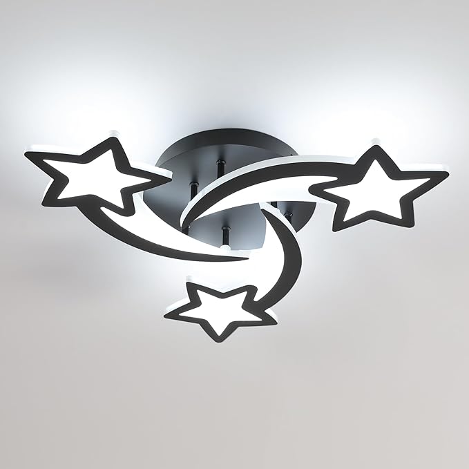 Goeco Kidsroom Ceiling Light, 3 Light Mode Black Acrylic Close to Ceiling Light Fixtures, Stars Creative Cartoon Flush Mount Ceiling Lamp Fixture for Kids Room, Bedroom, Living Room