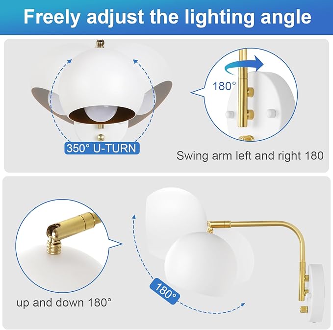 VATONI Wall Sconce with Remote Control, Plug in Wall Sconces Dimming 0-100% and Adjustable Color Temperature 2700K-6000K, Brushed Brass White Globe Swing Arm Wall Lights with Plug in Cord(2 Bulbs)