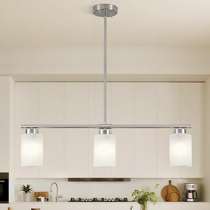 3-Light Kitchen Island Lighting Brushed Nickel Dining Room Light Fixture with Milk Glass Shade 31" Modern Linear Chandelier Adjustable Hanging Pendant Lighting Over Island Dining Table Living Room，E26