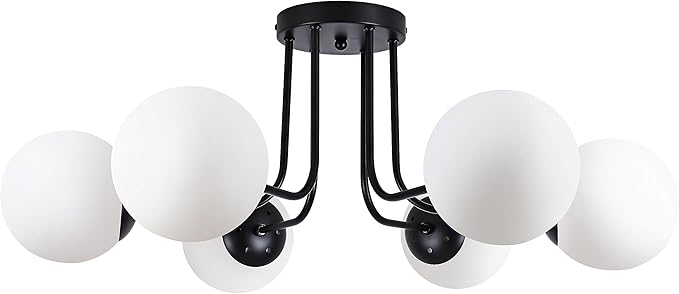 KoKo&Yukina 6-Light Modern Semi Flush Mount Ceiling Light Fixture Mid Century Ceilings Lights Globe Ceiling with Milk Glass Shade Matte Black Finish for Bedroom Hallway Dining Room Living Room