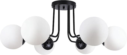 KoKo&Yukina 6-Light Modern Semi Flush Mount Ceiling Light Fixture Mid Century Ceilings Lights Globe Ceiling with Milk Glass Shade Matte Black Finish for Bedroom Hallway Dining Room Living Room