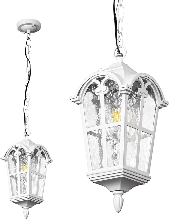 Outdoor Pendant Light for Porch Patio Garden Yard, Anti-Rust Aluminium Exterior Hanging Light Fixtures, Outside White Vintage Hanging Ceiling Light, Height Adjustable Outdoor Pendant Lamp