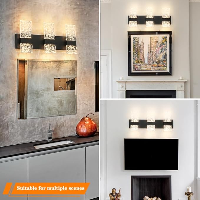 Modern Matte Black 6-Lights Bathroom Vanity Light, Eleglant Black LED Bathroom Light Fixtures over Mirror, Dimmable Acrylic Shade Wall Lighting Fixtures, Hardwired Wall Light(H9.25in, L21.26in)