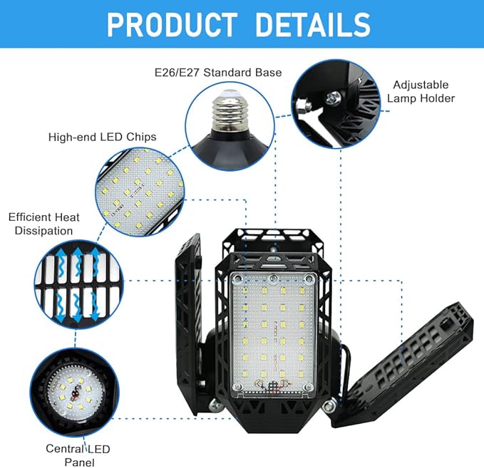LED Garage Light,150W Deformable Garage Ceiling Lights,15000LM, 4 Adjustable Panels, E26/E27 Shop Lights for Basement, Barn, Workshop,High Bay Light