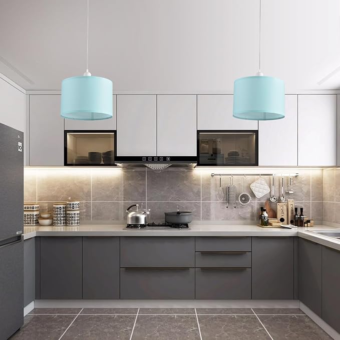 2 Pack Plug in Pendant Light, Hanging Light with 15Ft Clear Cord, On/Off Switch, Blue Fabric Lamp Shade, Hanging Light Fixture for Bedroom, Kitchen, Living Room, Dining Table