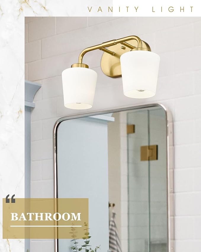 Brushed Gold Bathroom Vanity Light, Farmhouse Brass Sconces Wall Lighting with Milk White Glass, Champagne Bronze Light Fixture Over Mirror, AD-22004-2W-GD