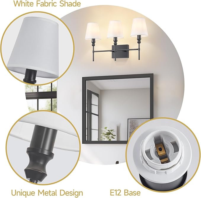 Vanity Lights For Bathroom,23.6 In Black Bathroom Light Fixtures Over Mirror,Vintage 3-Light Vanity Light With Flared White Fabric Lampshade For Bedroom,Hardwired Hallway Sconce Light,E12 Base