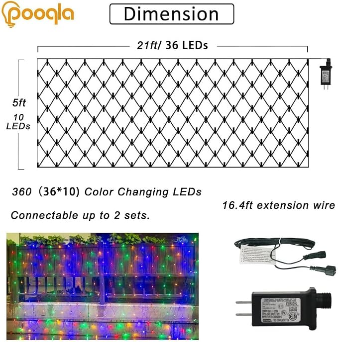 21ft x 5ft 360 LED Colorful Christmas Net Lights, 8 Modes Connectable Outdoor String Lights for Yard, Garden, Party Decor