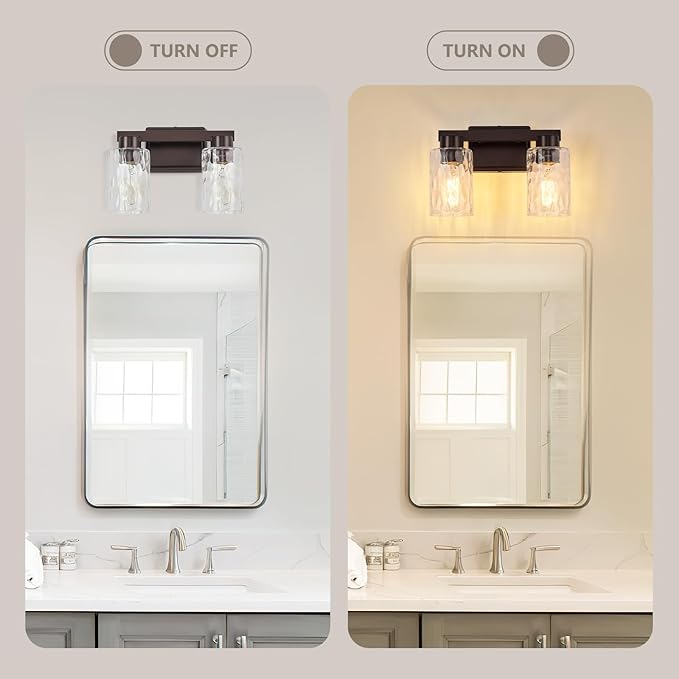 2-Light Bathroom Light Fixtures Modern Oil Rubbed Bronze Vanity Lights with Water Ripple Glass Wall Sconces Over Mirror for Bathroom, Powder Room, Living Room