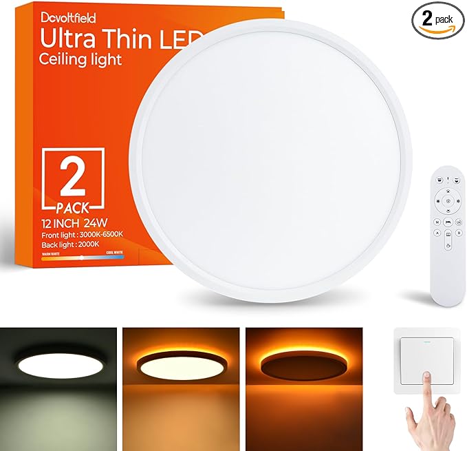 2Pack Dimmable LED Flush Mount Ceiling Light Fixture with Remote Control, 24W 2400LM, 12Inch, 2000K Warm Night Light & 3000K-6500K, Modern Super Slim Ceiling Lamp for Bedroom Kitchen, White