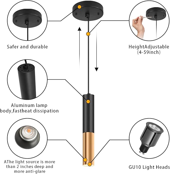 Simple and Modern Black Cylindrical Pendant, 1-Light Chandelier with Adjustable Rope, Matching GU10 Sockets for Living Room, Bedroom and Dining Room (Spotlight) (2 Pack)