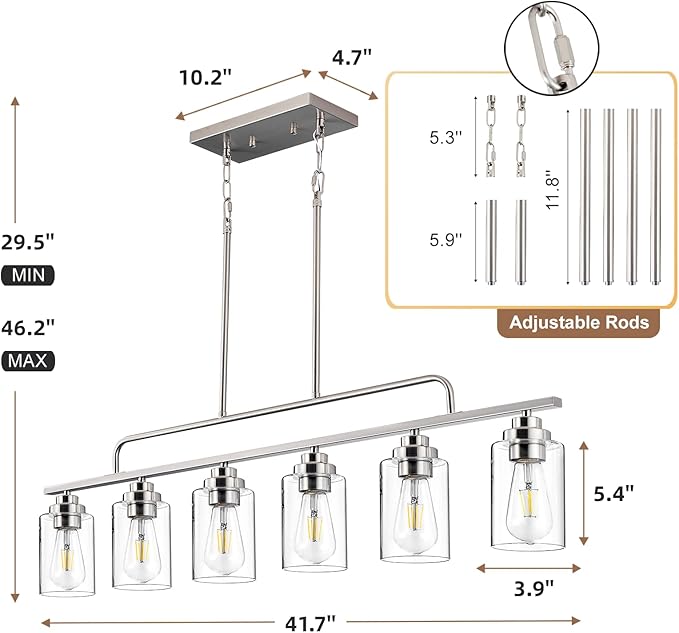 Dining Room Light Fixture - Brushed Nickel 6-Light Farmhouse Chandelier Kitchen Island Lights Fixtures Modern Linear Silvery Chandeliers Hanging Pendant Lighting Over Table