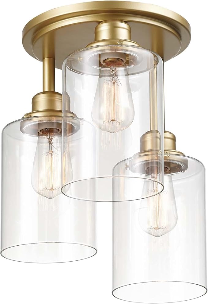 Globe Electric 65457 3-Light Flush Mount Ceiling Light, Matte Gold, Clear Glass Shades, Bedroom Lighting Fixtures Ceiling, Dining Room Fixture, Timeless Lighting for Hallway or Dining Room