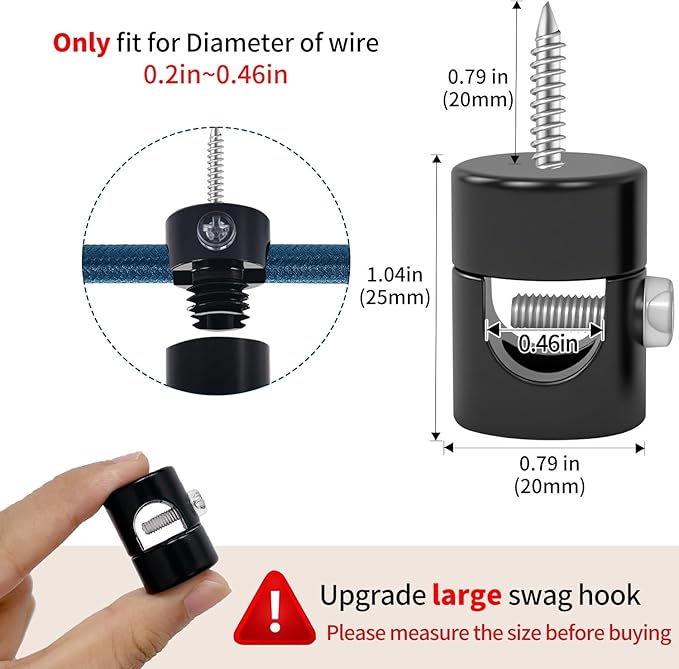 Upgrade 0.46’’ Big Hole Ceiling Hooks for Hanging Lights，Aluminum Ceiling Hook for Light Fixture, Black Adjustable Swag Hook, Pendant Lights Hook, Swag Hooks for Hanging Lamp Shades (6 Pack)