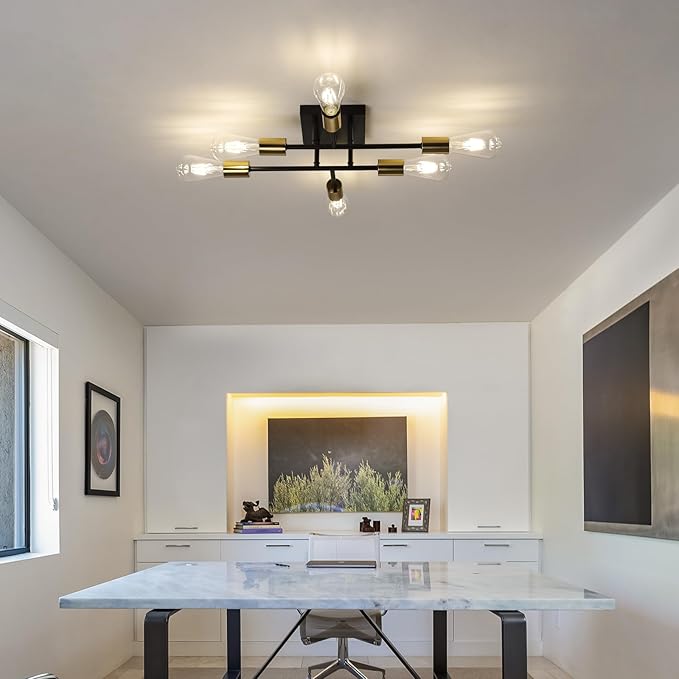 6-Lights Semi Flush Mount Ceiling Light Fixture, Matte Black and Golden, Modern Sputnik Close to Ceiling Light with E26 Base, Chandelier Light for Bedroom Kitchen Living Room Dining Room