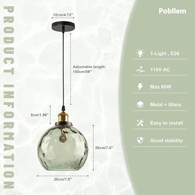 Modern Green Pendant Light, Hammered Glass Pendant Light Fixture Mid Century Globe Pendant Lights Vintage 1-Light Gold Hanging Pendant Lighting for Kitchen Island Dining Room Bedroom Bathroom