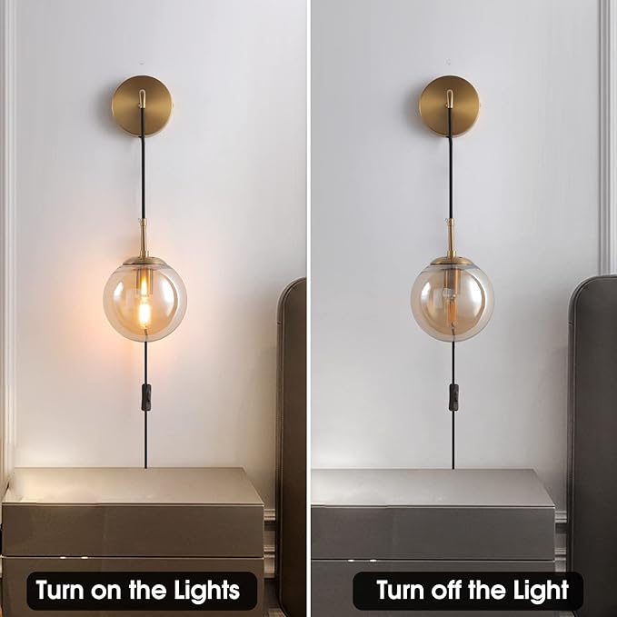 KUZZULL Wall Sconces Set of Two Plug in Wall Sconces with Globe Amber Glass Shade Wall Lamp with Cord Wall Sconce Plug in Brushed Brass Gold Sconces Set of 2 Wall Light Sconce