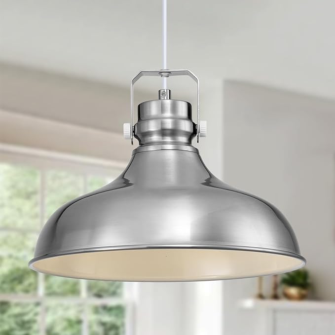 Brushed Nickel Farmhouse Pendant Lights Matte Pendant Lighting for Kitchen Island Industrial Adjustable Height Vintage Dome Hanging Light Fixtures for Barn, Dining Room 3 Packs