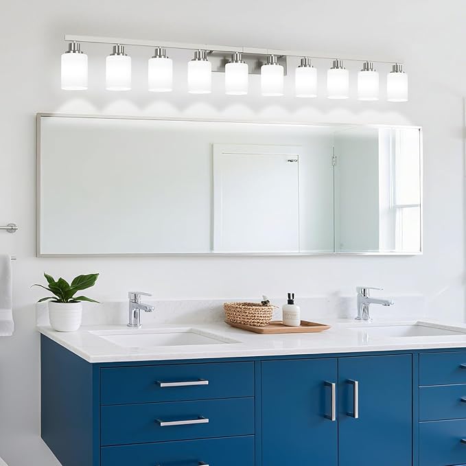 10-Light Bathroom Vanity Light Brushed Nickel,64.5in Vanity Lights with White Frosted Glass,Modern Bathroom Wall Lights Fixtures Over Mirror,Wall Sconces Lighting for Bedroom Living Room,E26