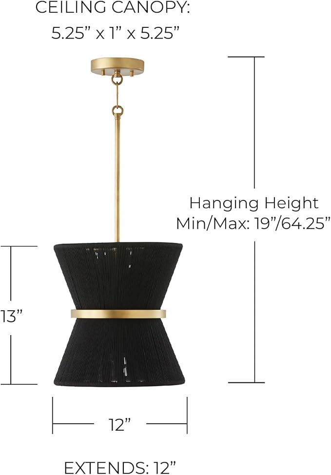 Capital Lighting 341211KP Cecilia Transitional Art Deco Luxe Hand-Wrapped Black Rope Tapered Pendant Light Fixture, 1-Light 100 Watt, 13" H x 12" W, Patinaed Brass