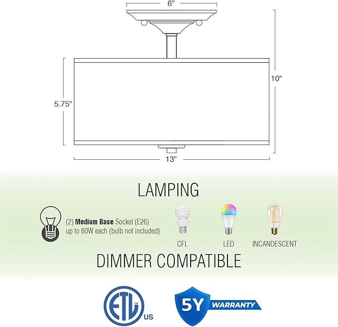 Kira Home Addison 13" Modern Drum Semi Flush Mount with Off-White Fabric Drum Shade, 2-Light Ceiling Light, Cool Brass Finish