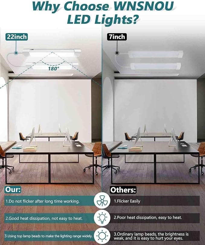 WNSNOU Plug-and-Play LED Shop Light - Waterproof, Linkable, 18W 2000LM, 5000K, with NO/Off Switch - Perfect for Ceiling, Closet, and Workshop - 2FT (2PCS)