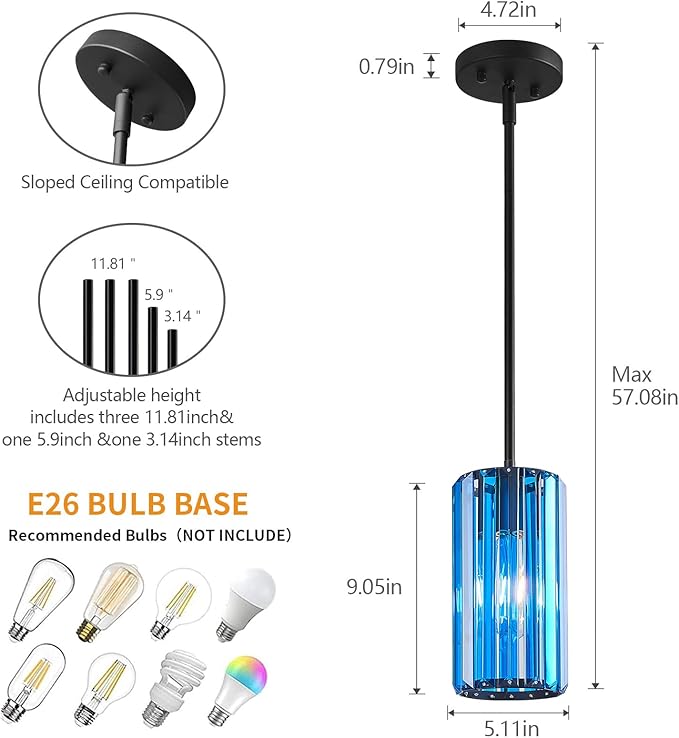 Modern Crystal Pendant Light Mini Dark Blue Chandeliers Adjustable Pendant Lights Fixture for Kitchen Island Dinning Room Corridor Bedroom(Dark Blue 2-Pack