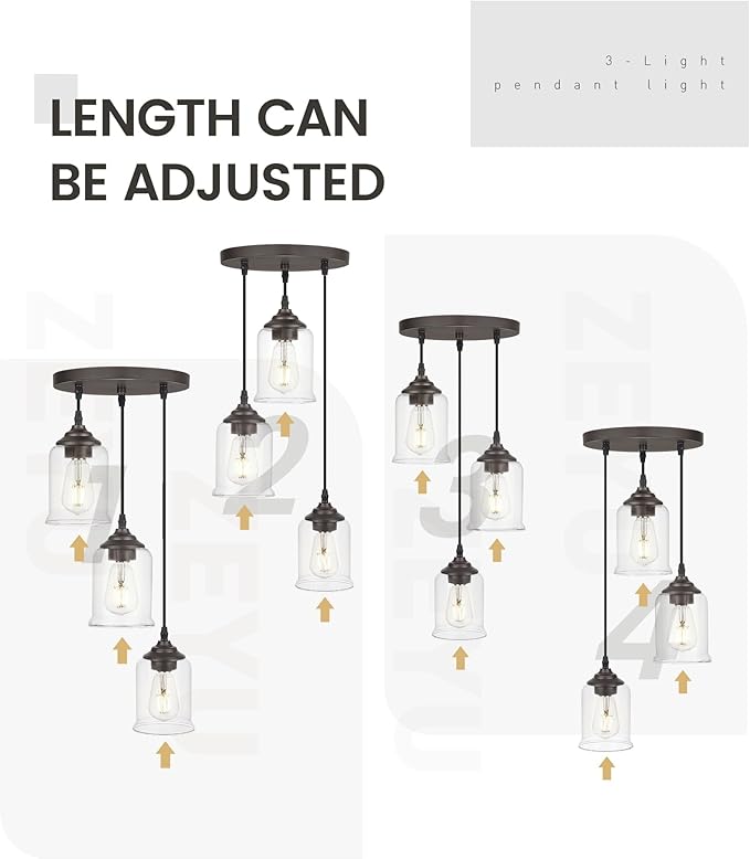 zeyu 3-Light Cluster Pendant Light, Farmhouse Hanging Lights for Kitchen, Oil Rubbed Bronze Pendant Light Fixtures Adjustable with Clear Glass Shade, ZSL104-3 ORB