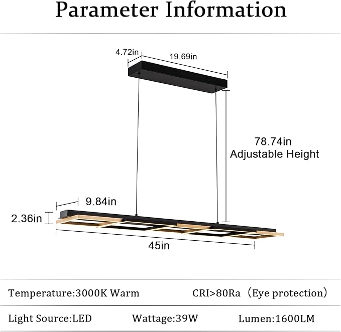 EDISLIVE 5-Light Black Gold Linear LED Chandelier Dimmable LED Square Island Light 45 in Linear Pendant Light 3000K Adjustable Height for Dinning Room Kitchen Pool Table