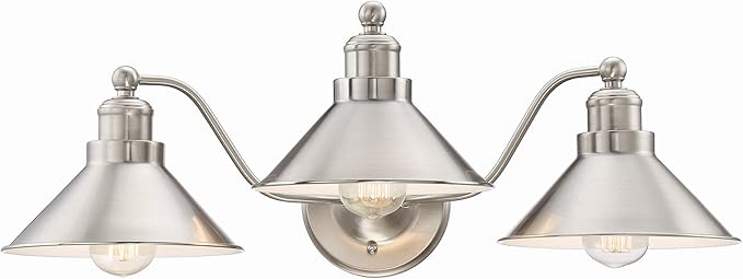 Kira Home Welton 25.5" 3-Light Modern Farmhouse Vanity Light with Funnel Shades, Industrial Silver Wall Sconce Bathroom Light, Brushed Nickel Finish