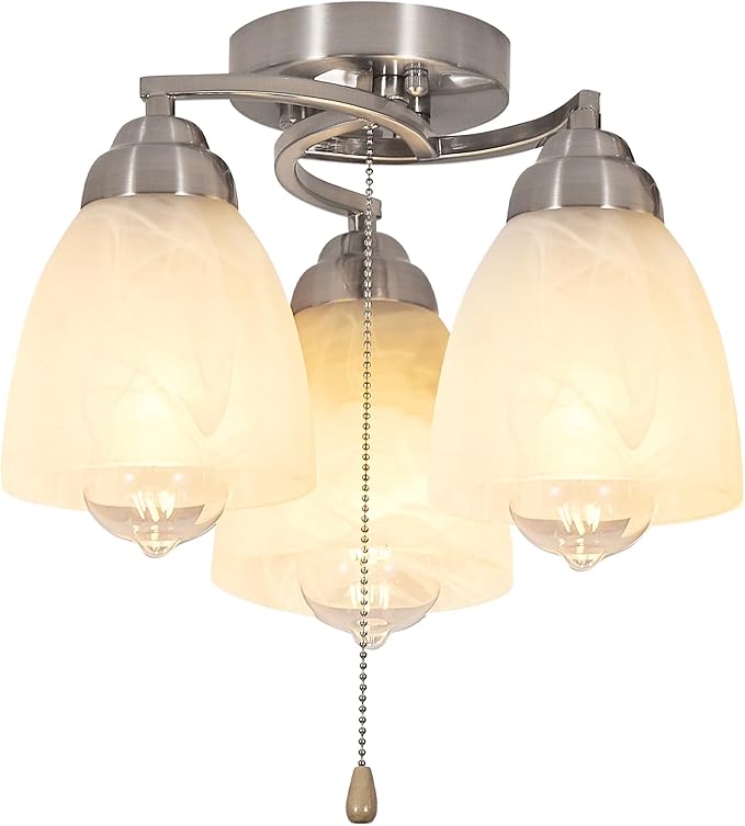 3-Light Flush Mount Ceiling Light with Pull Chain, Modern Nickel Lighting Fixtures with Alabaster Glass for Kitchen Island Dining Room Bedroom Farmhouse Foyer Hallway