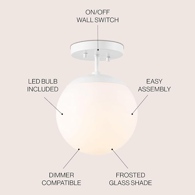 JONATHAN Y 7.75" White Modern Semi Flush Mount Ceiling Light, LED Fixture for Entryway, White Frosted Glass Globe Shade, Mid-Century Farmhouse Lighting for Bedroom Hallway (JYL7499H)