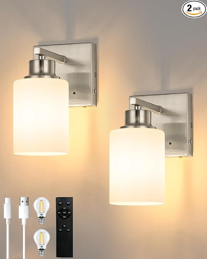 Rayogale Wireless Wall Sconces, Nickel Battery Operated Wall Sconce Set of 2 with Timer Function, Easy Install Dimmable Rechargeable Wall Lamps for Living Room, Bedroom, Hallway, Entryway Decor 3000K