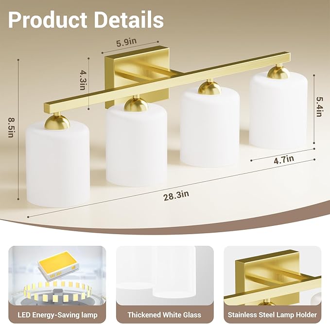 Quntis Gold Bathroom Light Fixtures 5 Colors Adjustable, 4-Light LED Bathroom Vanity Lighting with Milky White Frosted Glass Shade, Energy-Saving Light Over Mirror 28.3 inch