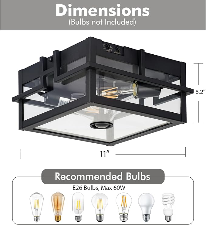 Upgraded Motion Sensor Outdoor Ceiling Light,outdoor flush mount porch light with Adjustable sensor, Dusk to Dawn 2-Light Outdoor Light Fixture Ceiling Mount with Clear Glass for Porch Garage Patio