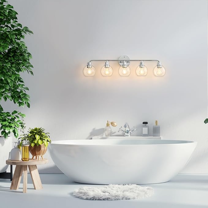 Bathroom Light Fixtures Chrome Vanity Light Silver 5 Light Modern Wall Sconces Lighting Bathroom Lights with Globe Glass Shades Bath Wall Lights for Mirror Kitchen Living Room Hallway 34.5"