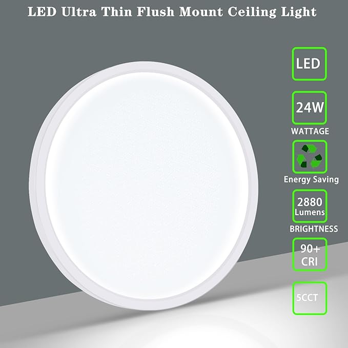 LED Flush Mount Ceiling Light Fixture, 24W 12Inch 3000K/3500K/4500K/5000K/6500K 5 Color Changeable 2880LM Low Profile Ceiling Light for Bedroom, Living Room, Dining Room,White 2 Packs