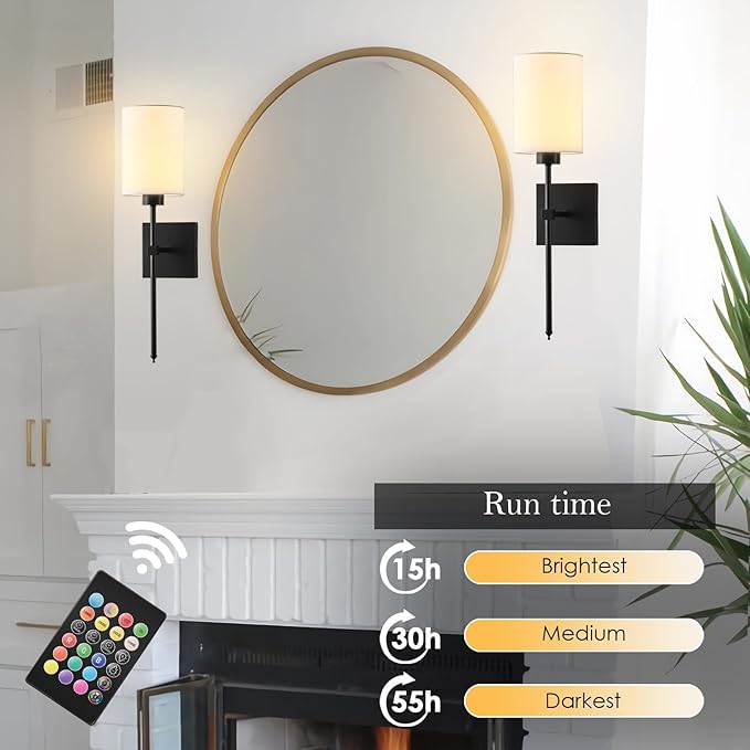 KARTOOSH Battery Operated Wall Sconce Set of Two, Wireless Rechargeable Wall Light with Remote Control, Dimmable, 4 Color Temperatures, RGB, Timer, for Living Room,Bedroom,Entryway, Black, 20.6 Inch