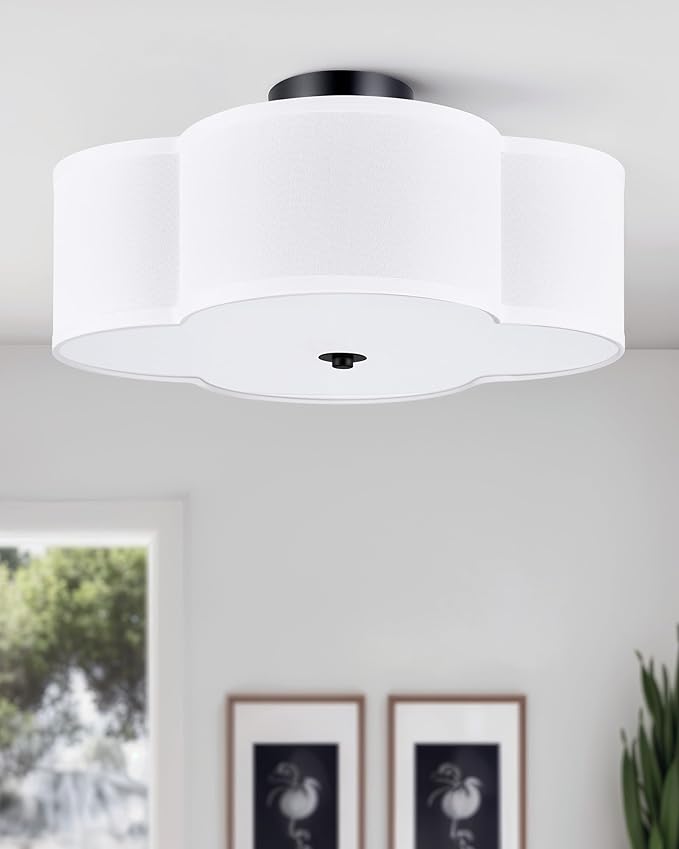 VONLUCE Semi-Flush Mount Ceiling Light, 15.8" Modern 4-Light Ceiling Light Fixture with White Clover-Shaped Shade 4 E26 Sockets for Bedroom Entryway Living Room, Black Finish, ETL Certificated