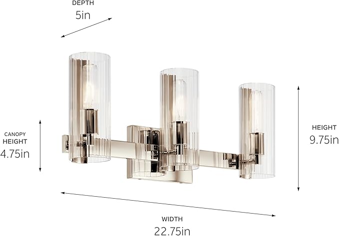 Kichler Jemsa 3-Light Bathroom Vanity Light Fixture, Modern Wall Mount Light with Clear Fluted Glass in Polished Nickel for Powder Room or Bathroom (9.75" x 22.75"), 55168PN