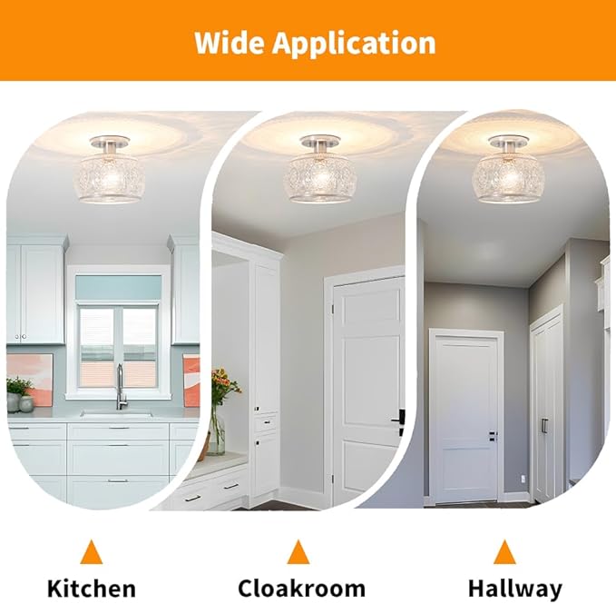 Brushed Nickel Semi Flush Mount Ceiling Light, Vintage Hallway Ceiling Light Fixture with Globe Glass, Small Overhead Light Fixtures Ceiling Mount for Kitchen, Bathroom, Small Bedroom