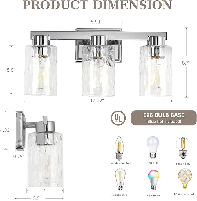 3-Light Bathroom Light Fixtures Modern Chrome Vanity Lights with Water Ripple Glass Wall Sconces Over Mirror for Bathroom, Powder Room, Living Room